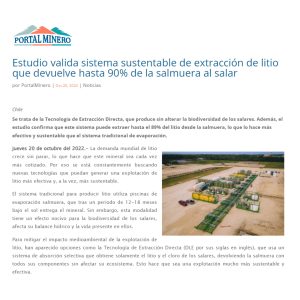 Read more about the article Estudio valida sistema sustentable de extracción de litio que devuelve hasta 90% de la salmuera al salar