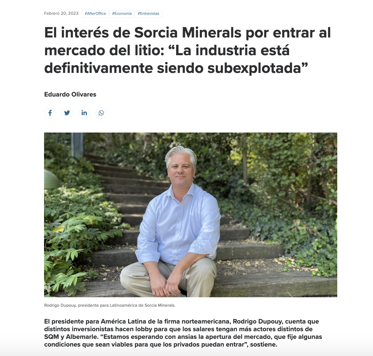 You are currently viewing El interés de Sorcia Minerals por entrar al mercado del litio: “La industria está definitivamente siendo subexplotada”