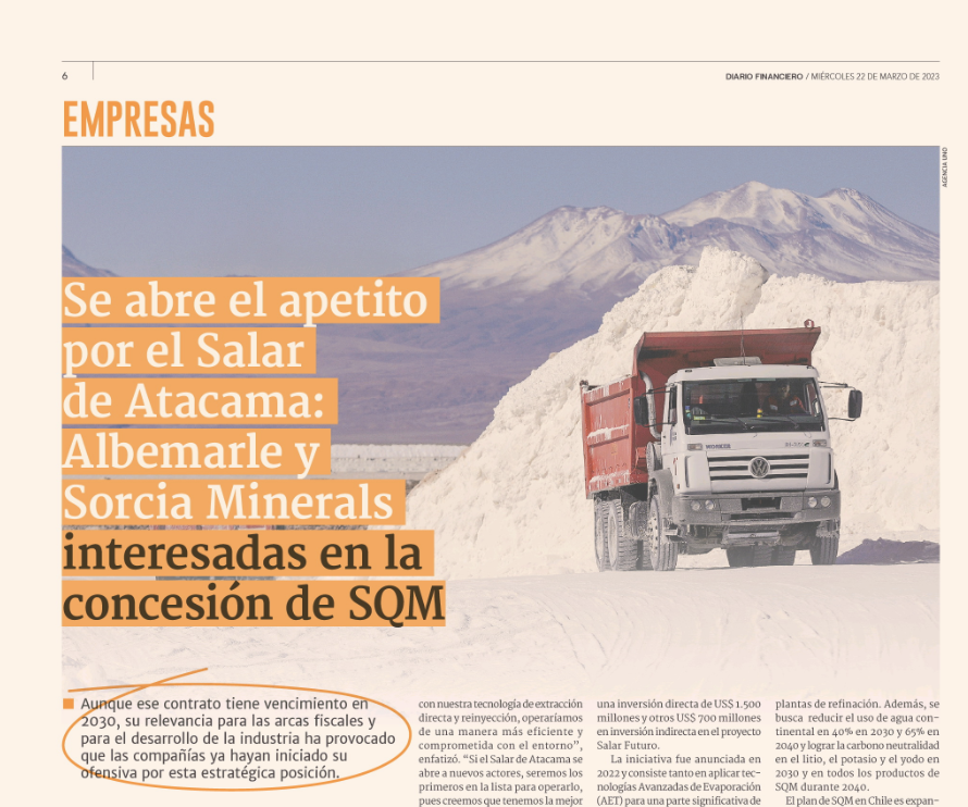 You are currently viewing Se abre el apetito por el Salar de Atacama: Albemarle y Sorcia Minerals interesadas en la concesión de SQM