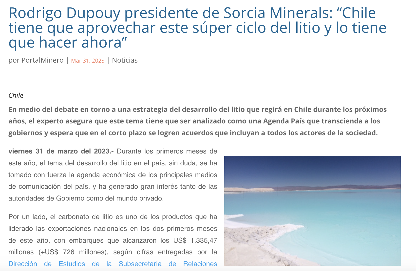 You are currently viewing Rodrigo Dupouy presidente de Sorcia Minerals: “Chile tiene que aprovechar este súper ciclo del litio y lo tiene que hacer ahora”