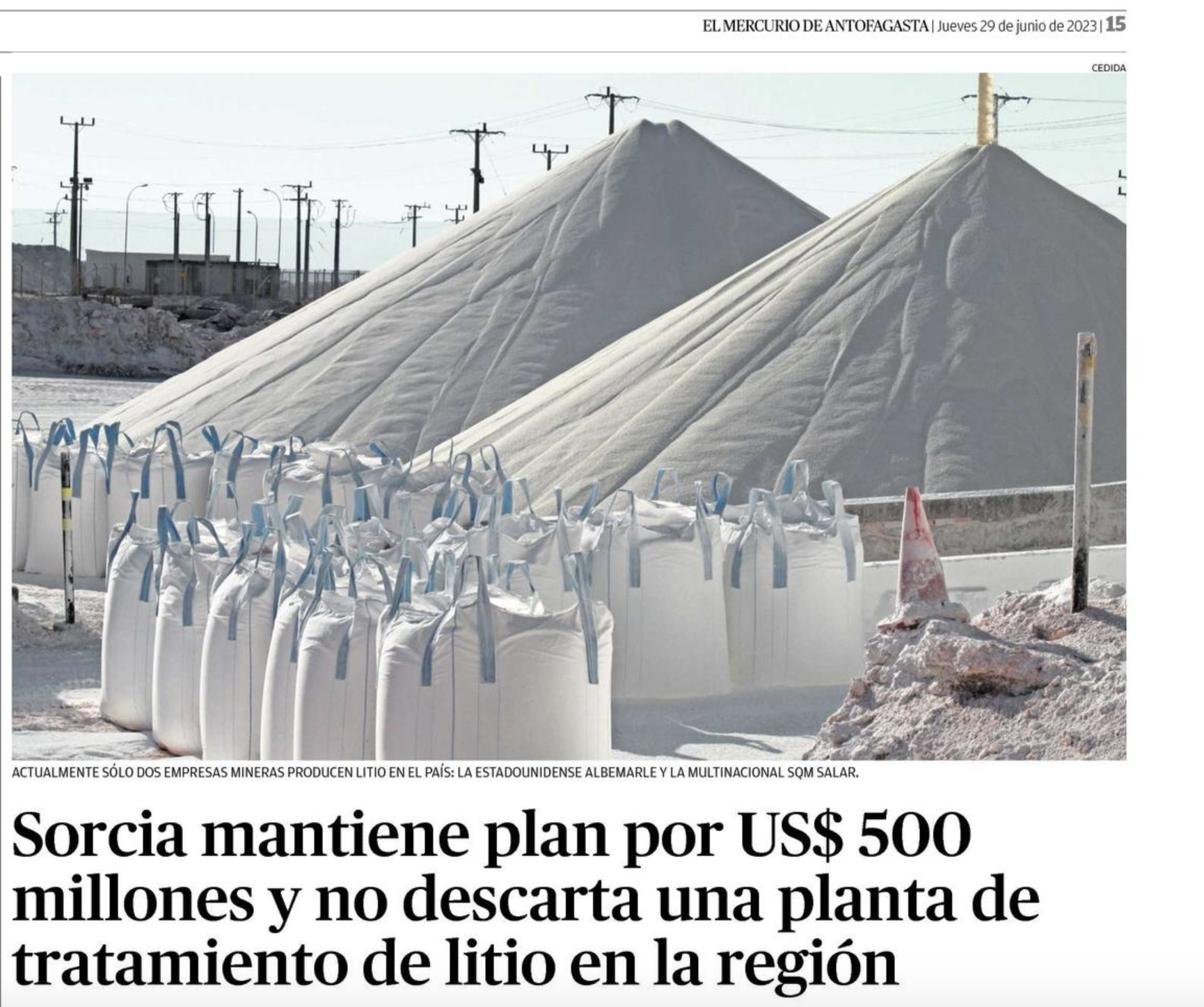 Read more about the article Sorcia mantiene plan por US$ 500 millones y no descarta una planta de tratamiento de litio en la región