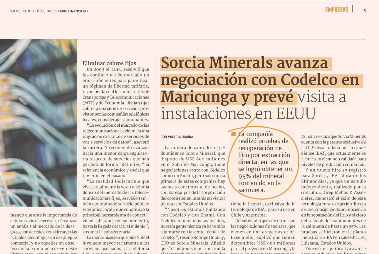 You are currently viewing Sorcia Minerals avanza negociación con Codelco en Maricunga y prevén visita a instalaciones en EEUU